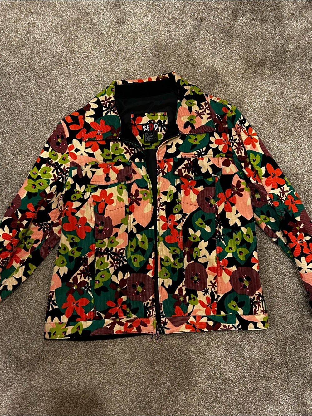 Red Jacket Multicolor Floral Corduroy Jean Jacket - Red, Green, Pink, Cream,